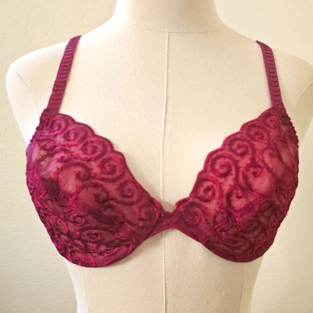 Pristine vintage 90s Olga 34c Embroidered Bra Cranberry Fuschia Pink